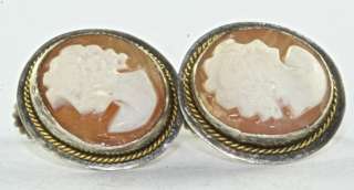 VINTAGE ITALIAN ITALY 1950S CARVED SHELL CAMEO 800 SILVER EARRINGS 