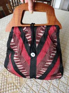 TAMARA CATZ Ethnic Chevron Knit Tote Handbag w/Wooden Handles  