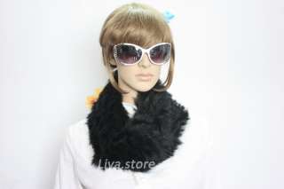 new womens real fashion rabbit fur long black knit scarf wrap shawl 