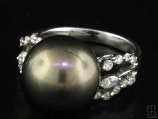 18K WHITE GOLD .39CT DIAMOND/13.9mm GRAY PEARL COCKTAIL RING SIZE 6.75 
