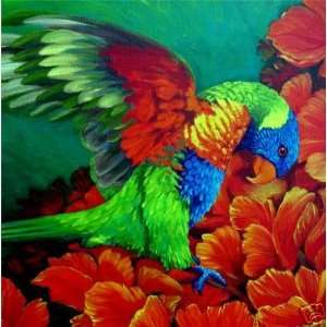Tropical Rainbow Lori Parrot Bird On Tulip Tree Giclee Print Painting 