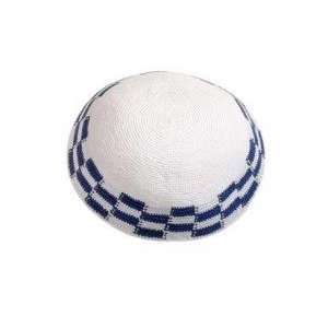  Kippah Crocheted White w/Blue Trim 