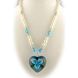  Murano Glass Aqua Flower Heart Pendant Freshwater Pearl 
