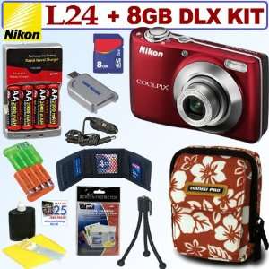  Nikon Coolpix L24 14 MP Digital Camera (Red) + 8GB Deluxe 