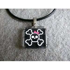   Pendant Necklace Jewelry Wearable Art Pink Bow Skull 