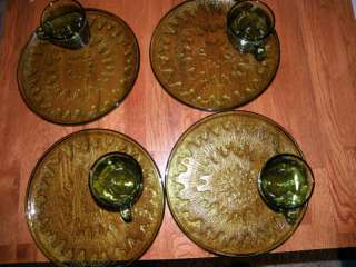 Set of 4 Vintage Green Glass Snack Plate Cups Set Mint FREE USA 