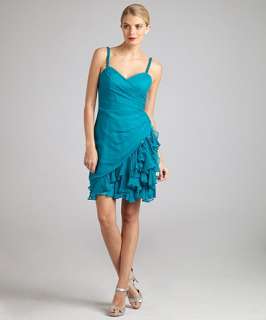 Hoaglund New York blue lagoon chiffon beaded strap ruffle dress