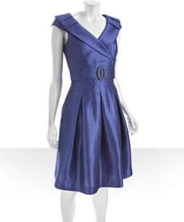 Tahari ASL periwinkle sateen twill belted v neck dress