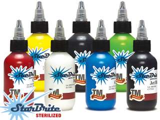 bottles of ultra premium tattoo ink, made in the USA by Starbrite 