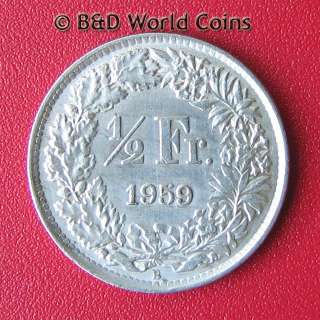 SWITZERLAND 1959 HALF 1/2 FRANC SILVER 18mm coin KM#23  