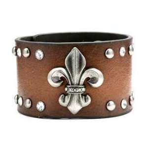  Brown Genuine Leather Bracelet with Le Fleur De Lis Design 