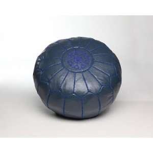  Navy Blue Moroccan Leather Pouf, Stuffed