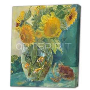 Sun flower and Gold Fish of Giclee Print Canvas Art with Oil Brush in 
