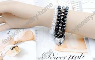Fashion 4 layers Black White Crystal Bead Heart Charms Bracelet  