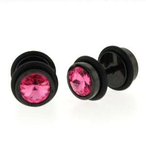  Black Anodized Stainless Steel Faux Plug   Pink CZ  16g 