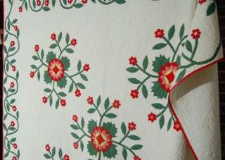   War 1850s Whig Rose Red & Green Applique Antique Quilt ~VINE BORDER