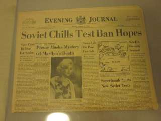 1962 Delaware Evening Journal Newspaper Marilyn Monroe Dead  