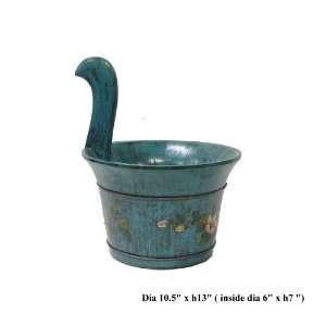  Chinese Blue Floral Duck Shape Wood Bucket As1421