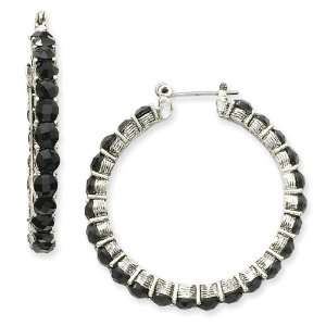  1928 Boutique Silver tone Faceted Jet Bead Hoop Earrings 