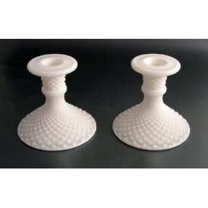   English Hobnail Milk Glass Candle Holders 