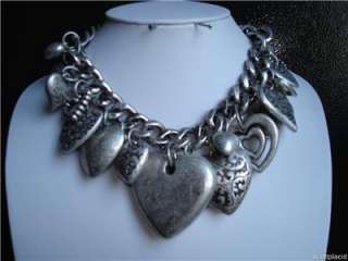 Chunky Western Antique Silver Tone Acrylic Heart Costume Statement 