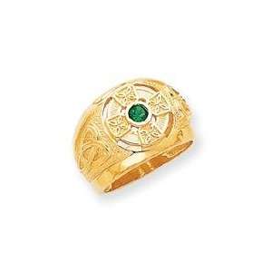  Celtic Cross Green Stone Ring in 14k Yellow Gold Jewelry