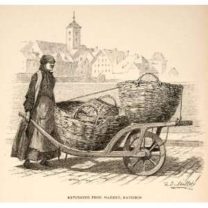  1893 Wood Engraving Peasant Woman Basket Cart Market Regensburg 