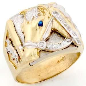    10k Two Tone Gold Horse Head Fancy Unique CZ Mens Ring Jewelry
