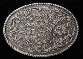Brand new belt buckle featuring a western floral design with a rope 