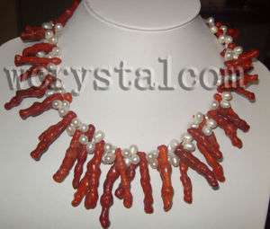 STR white freshwater pearl red coral necklace twisted  