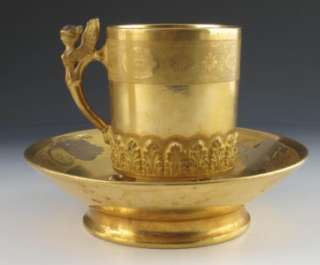 OLD PARIS FRENCH PORCELAIN GILT CUP, WINGED MAIDEN HANDLE, 1840  