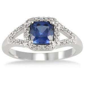 6mm Cushion Cut Lab Created Sapphire and Genuine Diamond Ring in .925 