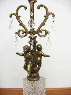 Vintage Hollywood Regency Cherub Cupid Crystal Prism Table Lamp Pr 