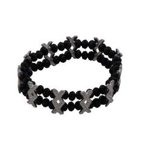Black Faceted Crystals Diamond Double Fish Silver Bracelet Stretchable 