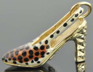 14K Yellow Gold Leopard Print Enamel Shoe Stiletto High Heel 3D Charm 