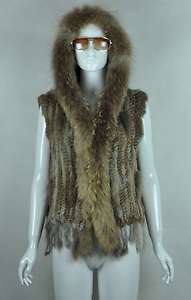 women New Real Knitted Rabbit RACCOON fur hooded Coat Jacket vest 