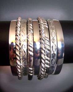 Set Mexican Silver Sleek and Sparkly 9 Bangle Bracelets Exotic 