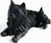 Black Obsidian Carved Crystal Lying Cat Sculpture, Sky Blue Topaz Eyes