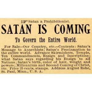 1892 Ad August Rohe Satan Is Coming Prohibition Anarchy Christ Coming 