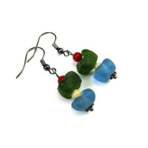 Song of the Sea Dangle Earrings with African Sand Cast Green and Blue 