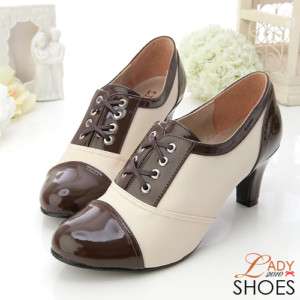 Womens Oxford Lace Up Heels Shoes Beige / Brown  