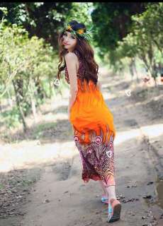   Orange Summer Bohemian Super Long Skirt V neck Line Beach Skirt  