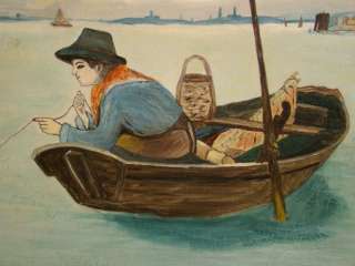   Nautical FOLK ART Boy Fishing SEASCAPE Old BOAT Painting  