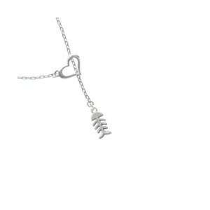 2 Sided Silver Fish Bones Heart Lariat Charm Necklace 