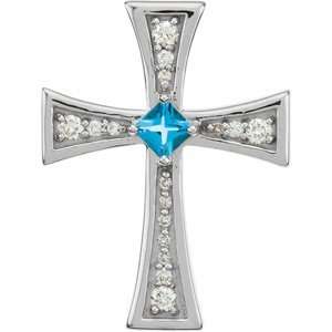  14k White Gold Diamond and Genuine Swiss Blue Topaz Cross 