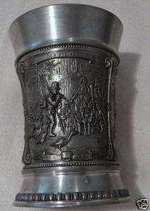 SKS ZINN PEWTER CUP   MEN PLAYING INSTRUMENTS   4 1/8 HIGH x 3 TOP 