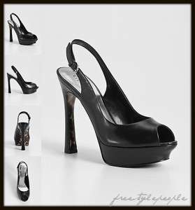   GUESS Black Leather AWDREE Peep Toe Slingback Pumps Shoes Heels  