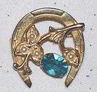 vintage gold tone metal blue rhinestone simulated pearl horseshoe 