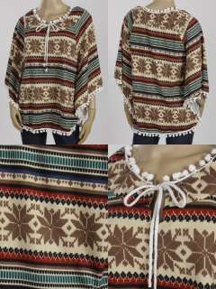 FLORAL CAPE PONCHO KNIT TOP JUMPER SWEATER BROWN S 923  
