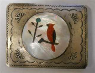  AMERICAN NAVAJO SIGNED RB STERLING SILVER CARDINAL INLAY BELT BUCKLE
